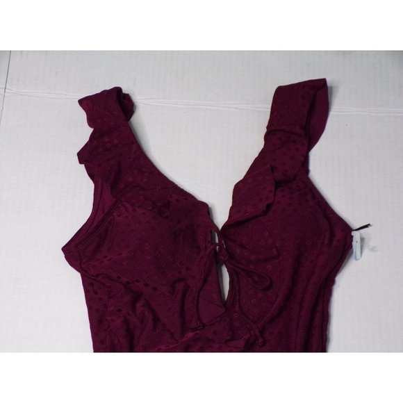 ROBIN PICCONE Juliana Plunge One Piece Ruffle Swimsuit Burgundy Wine 8 - Picture 6 of 8